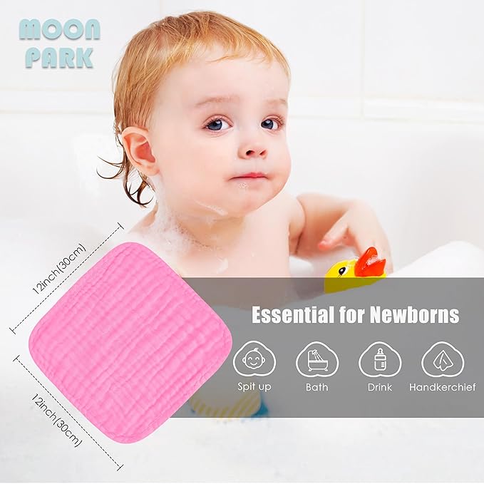 MOON PARK Baby Washcloths, 12 Pack - 12x12 Inches, Small Burp Cloths and Baby Wipes - 100% Cotton Muslin Ultra Soft for Newborn, Infant and Toddlers - Pink, Purple and Sakura Series