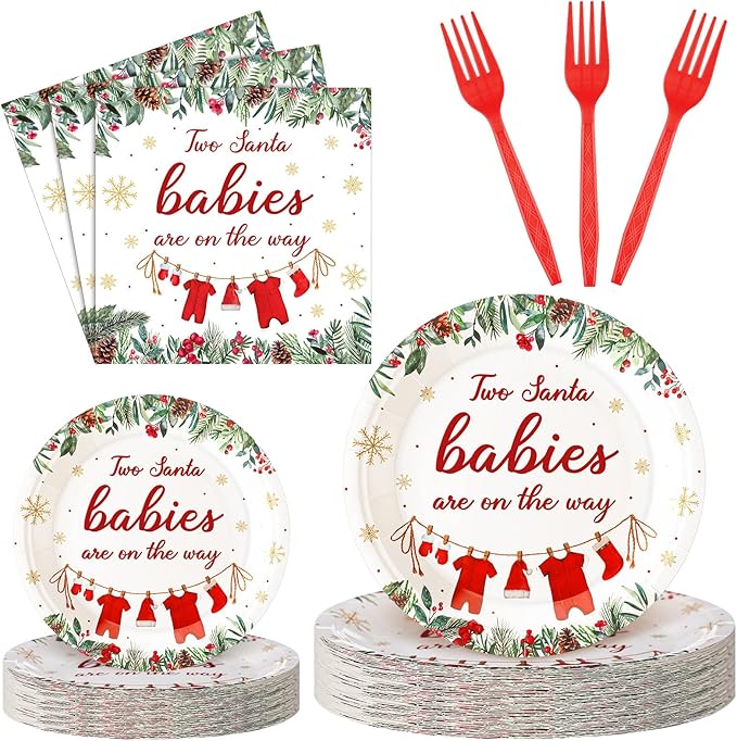 Zhehao 96 Pcs Twins Baby Shower Decoration Supplies Twins Cuties Baby Shower Tableware Set Eucalyptus Leaf Orange Strawberry Greenery Pumpkin Themed Plates Napkins Forks for 24 Guest (Christmas)