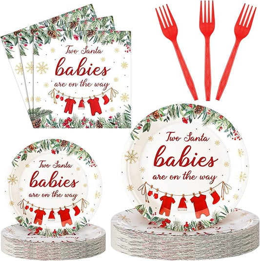 Zhehao 96 Pcs Twins Baby Shower Decoration Supplies Twins Cuties Baby Shower Tableware Set Eucalyptus Leaf Orange Strawberry Greenery Pumpkin Themed Plates Napkins Forks for 24 Guest (Christmas)