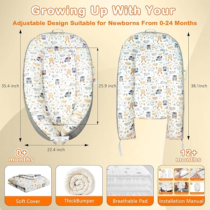 Baby Lounger for Newborn 0-24 Months, Baby Nest Cover Breathable and Soft Cotton, Infant Lounger with U-Shaped Safety Bumper for Cozy Comfort Baby Essentials (Owl Rabbit)