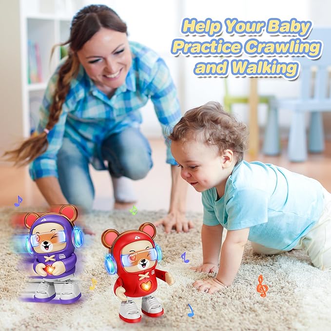 2 Pcs Dancing Bear Toys, Baby Dancing Moving Crawling Musical Toys Age 3-12 Months, with Light, Musical and Dancing, Birthday Gift for Age 1 2 3 4 Year Old Toddlers