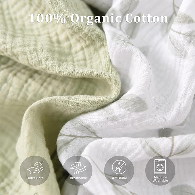Baby Crib Sheets 2 PCS, 100% Organic Cotton Crib Sheet for Standard Crib Mattress(52”x 28”), Fitted and Soft Breathable Muslin Crib Mattress Sheet for Girl and Boy (Leaves, Green)