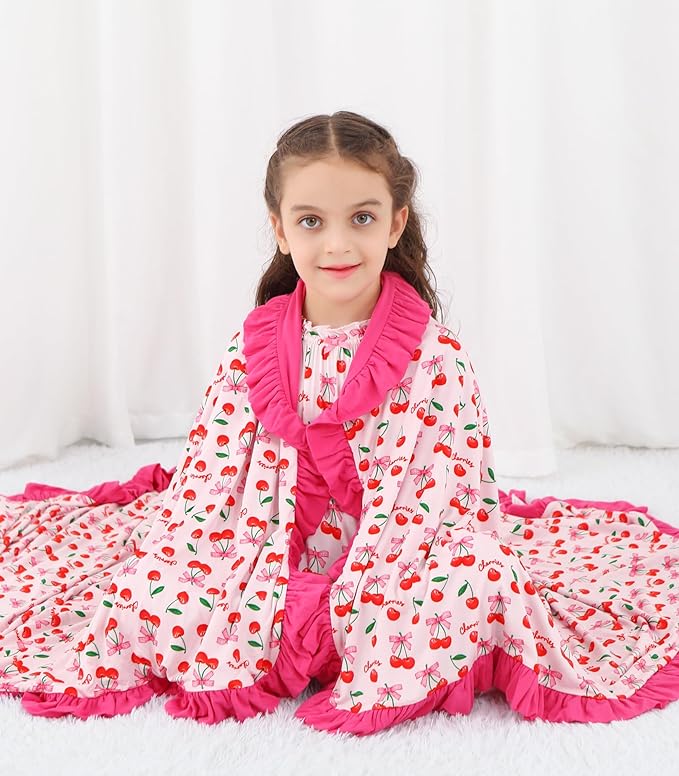 Premium Baby Blanket for Girls, Stretchy Quilt, Soft Crib Bedding for Newborn Baby and Toddler, Ruffle Nursery Blanket for Kids, Viscose Made from Bamboo, 50''x50'' Sweet Cherries