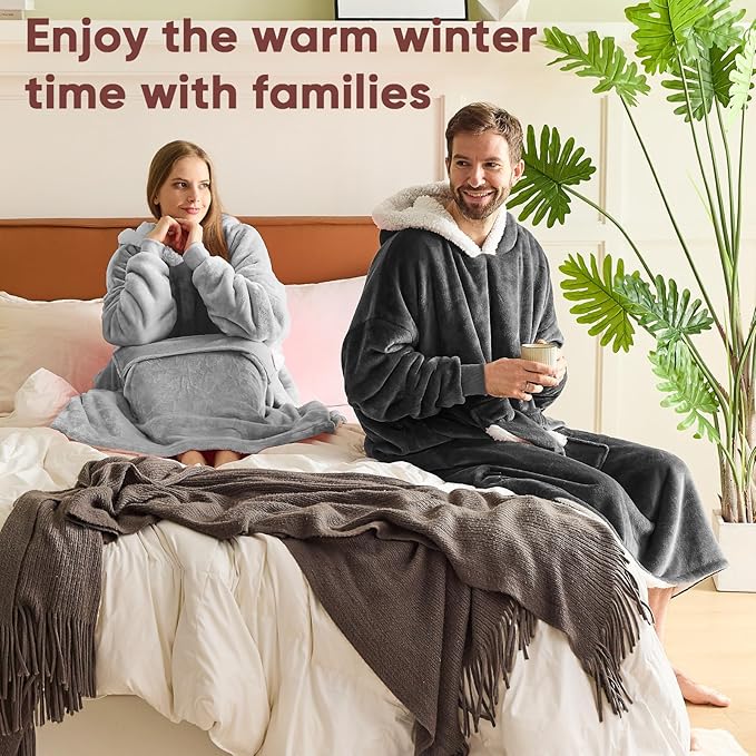 yescool Wearable Blanket Hoodie - birthday gifts for Adults/Women/mom, Flannel Cozy Sherpa Fleece Blanket Sweatshirt with Hood, Pocket & Sleeves,Largre, One Size Fits All (Cloud)