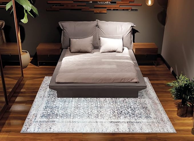 Bloom Rugs Washable Non-Slip 4' x 6' Rug - Tan/Blue/Green Traditional Area Rug for Living Room, Bedroom, Dining Room, and Kitchen - Exact Size: 4' x 6'