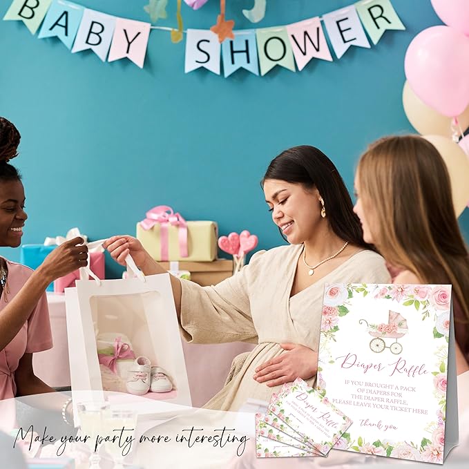 Floral Stroller Diaper Raffle Set For Baby Shower - 50 Raffle Tickets With 1 Standing Sign - Baby Announcement, Gender Reveal Baby Shower Party Decoration Game Set - A05
