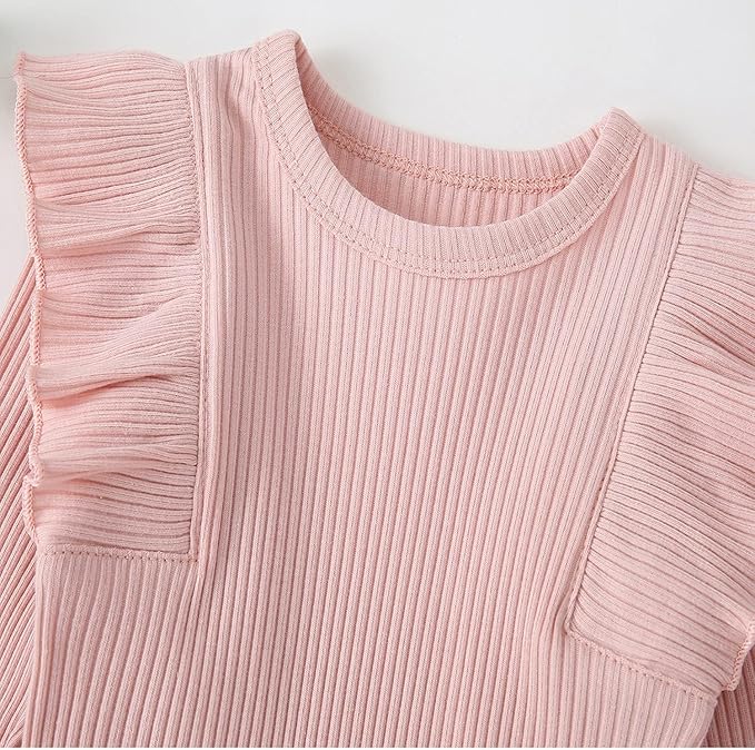 Fullfamous Baby Girl's 3pc Rib Frill Long Sleeve Romper and Pant Set