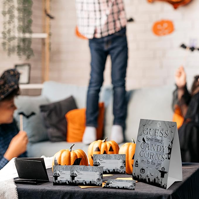 Halloween How Many Candy Corns Are In The Jar - 1 Standing Sign & 50 Guessing Cards - Halloween Haunted House Party Game & Decoration For Boys, Girls, Adults - Baby Shower, Birthday Game Set - A04