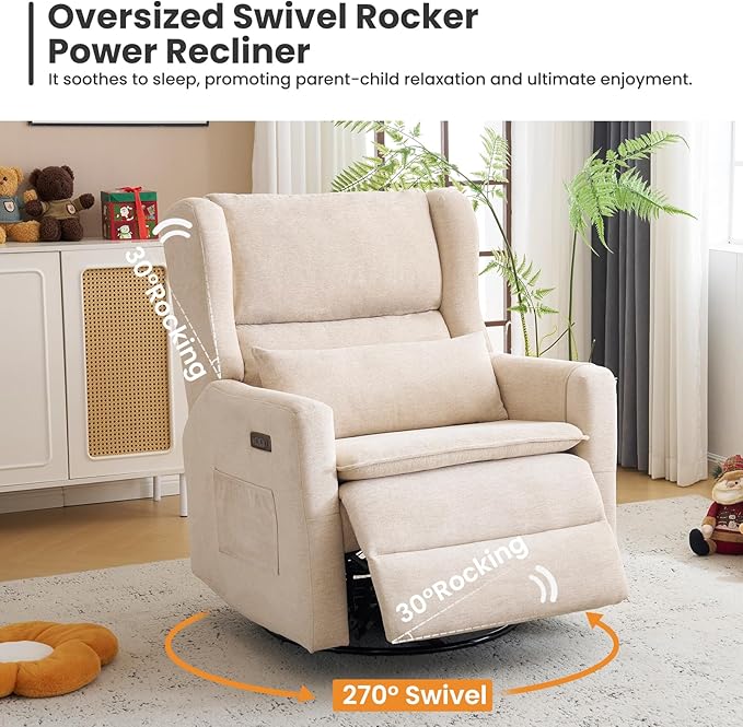 Oversized Swivel Rocker Recliner with Adjustable Headrest, 26" Extra Wide Glider Recliner Nursery Chair with Double Cushion, Chenille Glider Rocking Chair for Living Room,Cup Holder,Beige