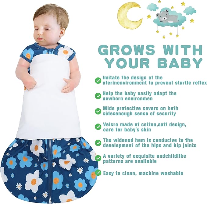 Newborn Sleep Sack Baby Swaddle,3-Way Adjustable Wearable Blanket,100% Rayon Cotton Swaddling Sleeping Bag,TOG 0.5 (Gerbera & Tulips, 3-6 Months)