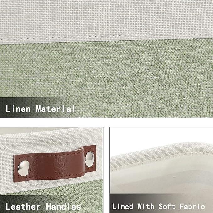 HNZIGE Collapsible Storage Baskets for Shelves(6pack) Small Fabric Bins with Handles, Linen Baskets Organizer Bins for Organizing Closet Nursery Home Shelves(White&Green, 11.8" x 7.8" x 5.1")