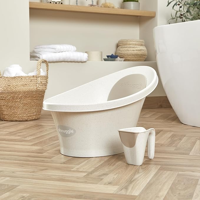 ECO Newborn Baby Bath | Recycled Material with Built-in Support Bump and Soft Backrest | Suitable from Newborn | Includes Water Plug | Cookies and Cream Colour | Beige Taupe Speckled