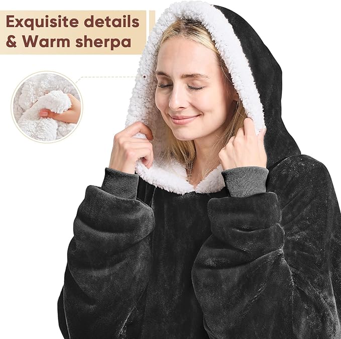 yescool Wearable Blanket Hoodie - birthday gifts for Adults/Women/mom, Flannel Cozy Sherpa Fleece Blanket Sweatshirt with Hood, Pocket & Sleeves, Large, One Size Fits All (Black)