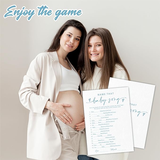Name That Baby Song Game Set For Baby Shower - Minimalism White & Blue - 30 Double-Sided Fill In Style Game Cards & 1 Answer Card For Gender Reveal, Baby Announcement, Party Favor & Supplies - C04