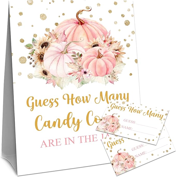 Thanksgiving How Many Candy Corns Are In The Jar - 1 Standing Sign & 50 Guessing Cards - Autumn Pumpkin Party Game & Decoration For Boys, Girls, Adults - Baby Shower, Birthday Game Set - A02