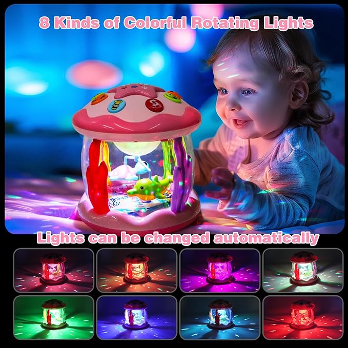 Hapyland Baby Toys 6-12 Months Girl Gifts: Babies Ocean Rotating Light Up Musical Toys for Toddlers 1 2 Year Old Crawling Learning Infant Toy 6 7 8 9 10 11 12 Months Old Baby Girl Gift (Pink)