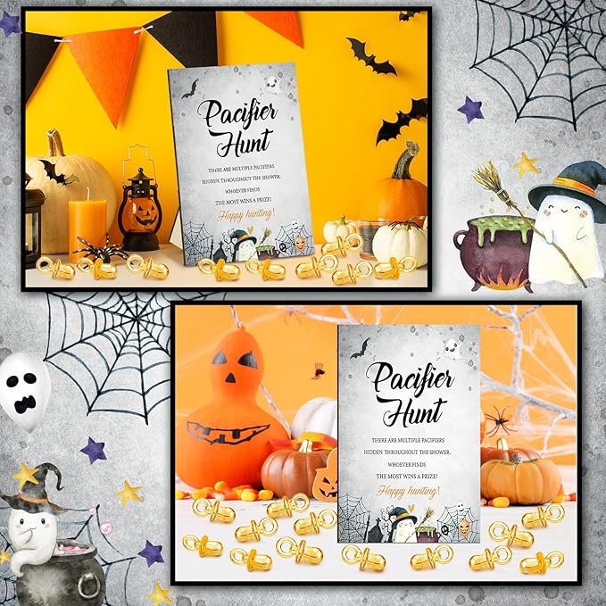 Thyle 51 Pcs Halloween Baby Shower Decorations Pacifier Hunt Baby Shower Games Set Include Hunt Sign and 50 Acrylic Pacifiers for Halloween Party Decoration Gift Sets Gender Reveal Party Decor