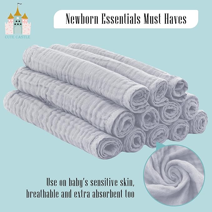 Cute Castle 12 Pack Muslin Burp Cloths for Baby - Ultra-Soft 100% Cotton Baby Washcloths - Large 20'' by 10'' Super Absorbent Milk Spit Up Rags - Burpy Cloths for Unisex, Boy, Girl - Slate