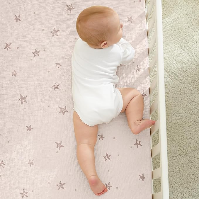 Bearmoss Muslin Mini Crib Sheets for Pack N Play Mattress - 100% Cotton - 38"x26" Soft Breathable Playard Baby Crib Sheets Neutral for Boys Girls - 2 Pack (Pink Star)