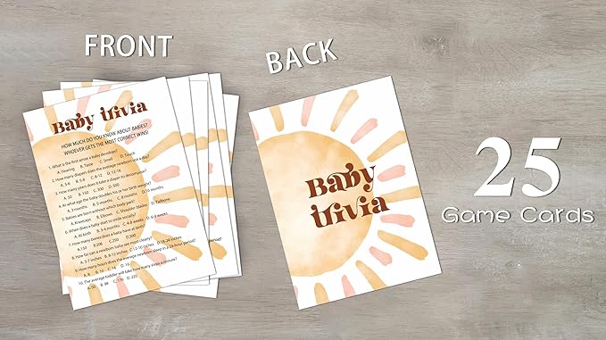 Baby Shower Games For Boy, Boho Sun Baby Trivia Baby Shower Game, Sunshine Here Comes The Son Gender Reveal Games, Set of 25 Cards(Bohosun002)