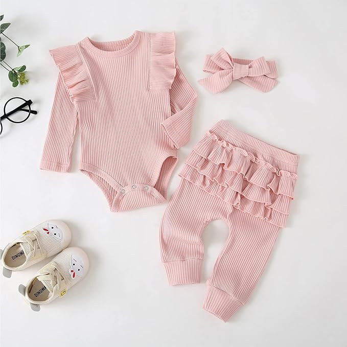 Fullfamous Baby Girl's 3pc Rib Frill Long Sleeve Romper and Pant Set
