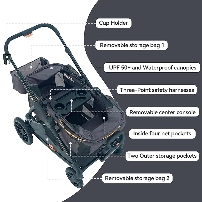 Pamo Babe Double Stroller Tandem Stroller for 2 Kids Push Pull Kids Wagon Adjustable Handle Waterproof and Sunproof Canopies Large Removable Storage Baskets
