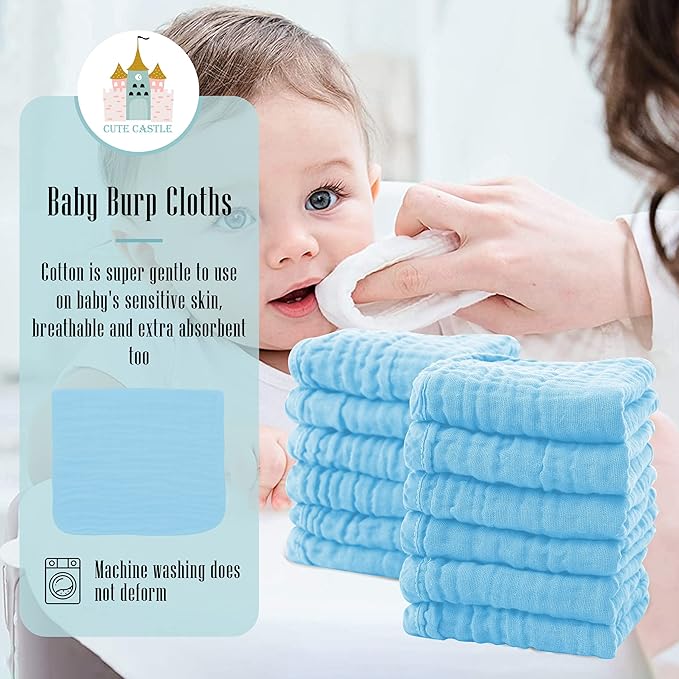 24 Pack Muslin Burp Cloths for Baby - Ultra-Soft 100% Cotton Baby Washcloths - Large 20'' by 10'' Super Absorbent Milk Spit Up Rags - Burpy Cloths for Unisex, Boy, Girl - Aquamarine
