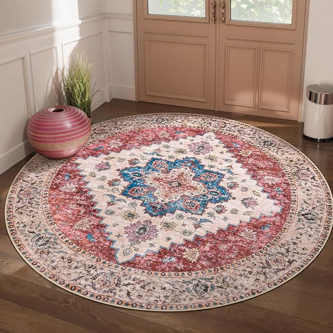Ciicool Boho 5x5ft Round Area Rug Washable Bedroom Rug Non-Slip Oriental Entryway Throw Rug Low-Pile Indoor Carpet for Dining Room