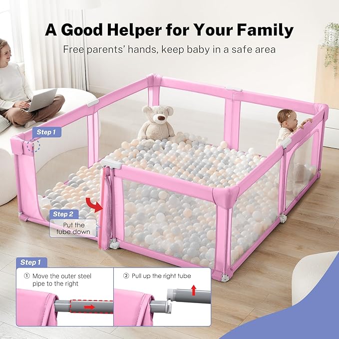 Baby Playpen Portable, Pre-Assembled Play Pen 71x79 Large Foldable Playpen for Babies and Toddlers, Sturdy and Safe Toddler Play Yard Indoor Outdoor with Carry Bag, Pink