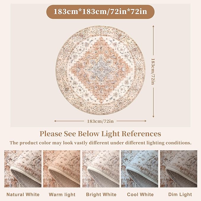 Ciicool Boho Area Rug Washable 6x6ft Round Bedroom Rug Non-Slip Oriental Throw Rug Low-Pile Floor Carpet for Dining Room Living Room(Vintage Cream/Brick)