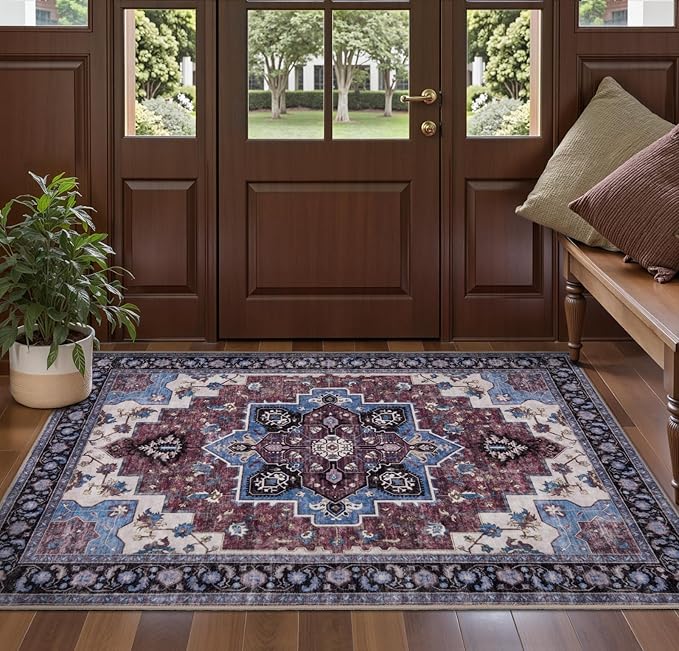 Ciicool Washable Vintage Area Rug, 2x3ft Small Boho Rug, Ultra Soft Rugs for Entryway, Non-Slip Entry Rugs Oriental Low-Pile Indoor Mat Floor Carpet for Entrance Bedroom Kitchen Bathroom Foyer Decor