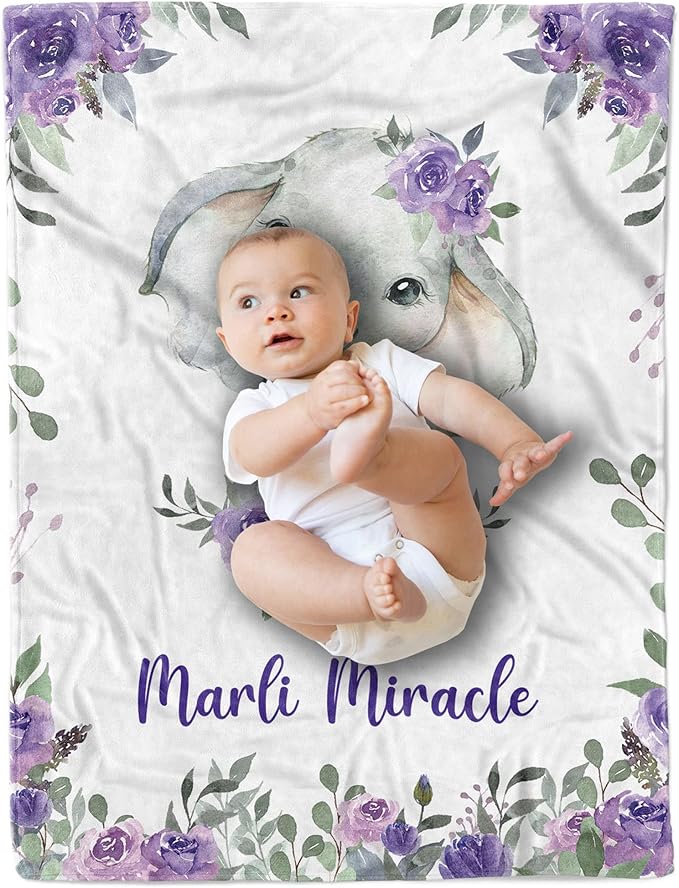 Arteaga Personalized Baby Blanket for Girls - Customized Purple Elephant Design - Super Soft Plush Fleece, 30''x40'' for Newborn, New Mom