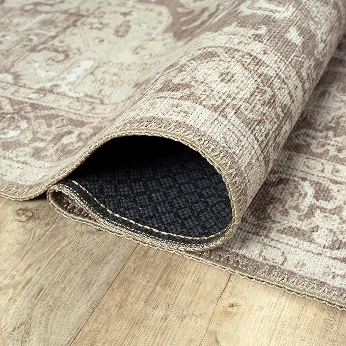 Bloom Rugs Washable Non-Slip 7 ft Runner - Light Brown Traditional Medallion Runner for Entryway, Hallway, Bathroom, and Kitchen - Exact Size: 2.5' x 7'
