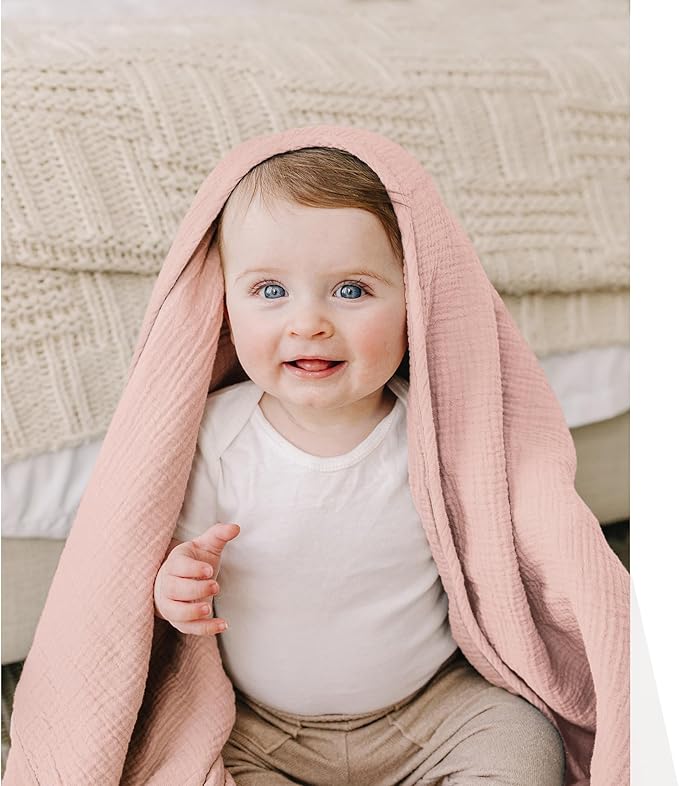 Konssy Muslin Baby Blankets for Girls Boys, 100% Cotton Crib Blanket for Infant Toddler, Super Soft and Lightweight Nursery Swaddling Wrap 40"x36" (Pink)