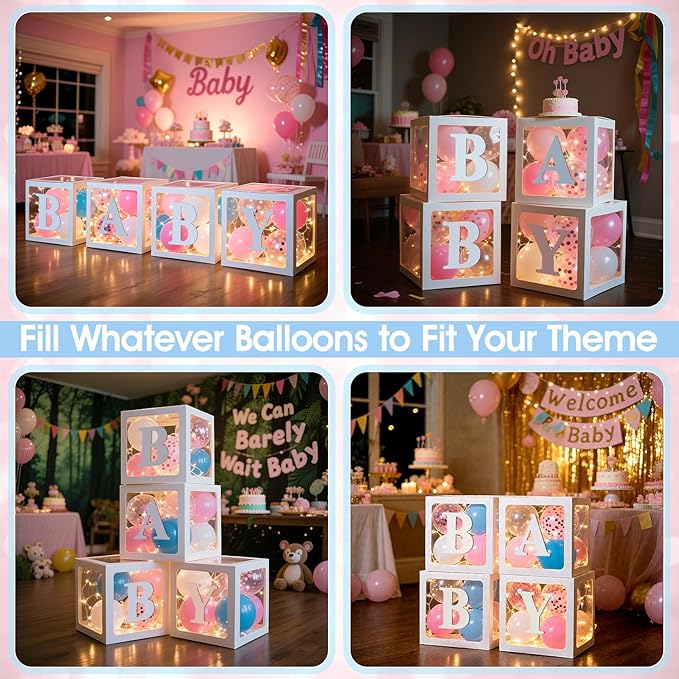 Ledido Baby Boxes with Letters for Baby Shower Decoration, 4 pcs Clear Baby Balloon Boxes Blocks with LED Fairy String Lights 38 Balloons for Boy Girl Gender Reveal Birthday Party (White)
