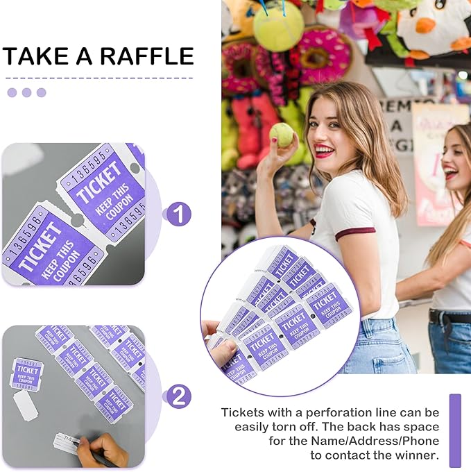 DGBDPACK 250 Raffle Tickets, 50/50 Raffle Tickets, Double Tickets for Festivals, Carnivals, School Events, Baby Showers, Summer Parties (Purple)