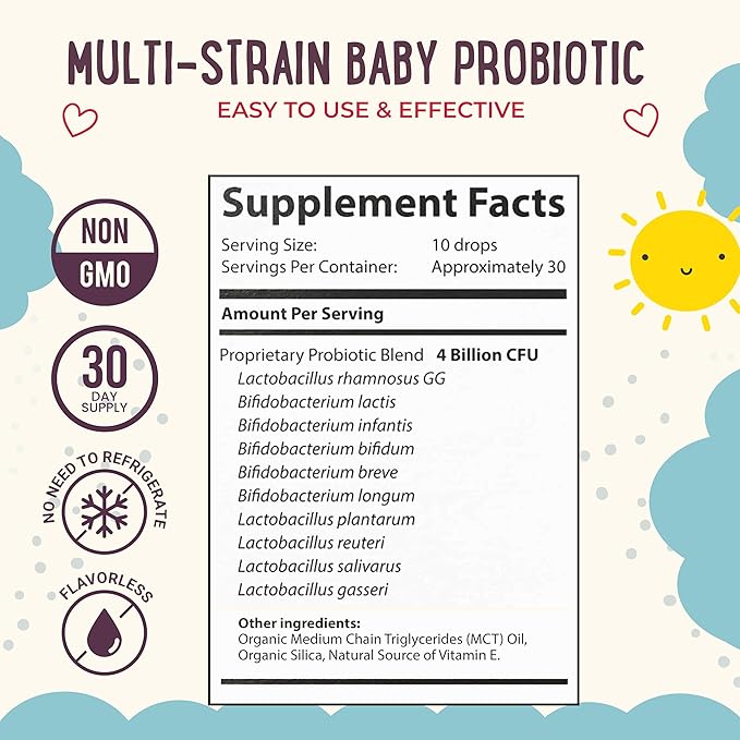 Mama Natural Baby Probiotic Drops | Pediatrician-Approved Infant Probiotic Colic Drops – Infant Gas, Constipation, Fussiness & Immune Support Supplement – 10 Strains & 4 Billion CFU with MCT Oil
