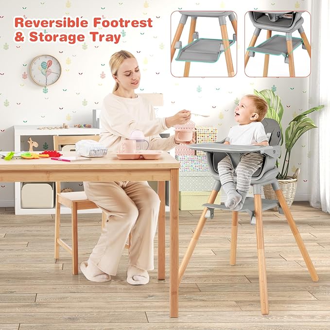 HONEY JOY Baby High Chair, 6 in 1 Convertible Wooden Highchair for Babies and Toddlers/Chair/Bar Stool, Removable Double Tray & Reversible Footrest, Safety Harness for Infant Boys Girls (Dark Gray)