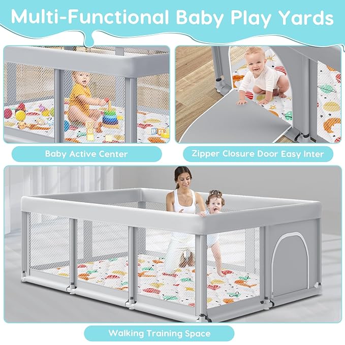 74" ×50" Baby Playpen with Mat, Baby Playard for Babies and Toddlers, Play Pens for Indoor & Outdoor, Sturdy Safety Play Yard with Soft Breathable Mesh, Anti-Fall, Grey