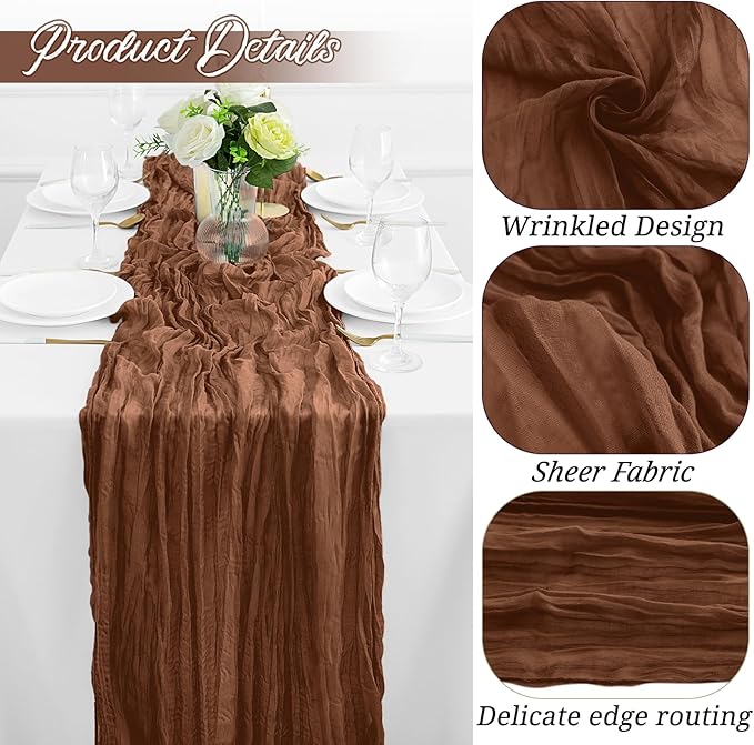 12Pack Brown Table Runner 35 x 120 inch Cheesecloth Table Runner 10FT Boho Table Runners Rustic Gauze Cheese Cloth Table Runners for Party Wedding Birthday Dining Bridal Shower Baby Shower Decor