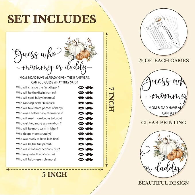 Fall Baby Shower Games, Find Who Mommy Or Daddy Themed Gender Reveal Party Game, Fall Festival Games Cards With Pumpkin Design, Boho Baby Shower Games, Thanksgiving Party Supplies -04