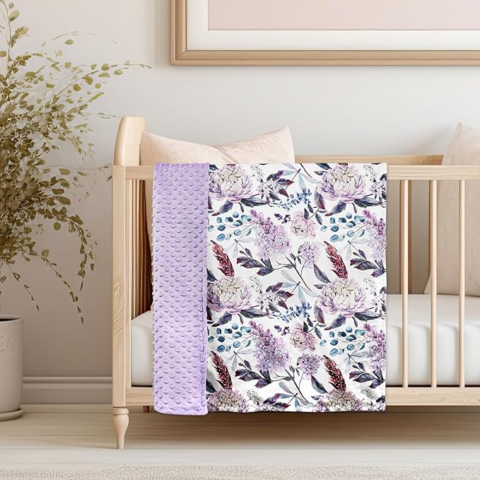 Purple Baby Blankets, Floral Minky Toddler Blanket for Boys Girls, Dotted Backing, Double Layer, Crib Receiving Blanket, for Nursery/Stroller/Toddler Bed/Carseat, 30 x 40 Inch