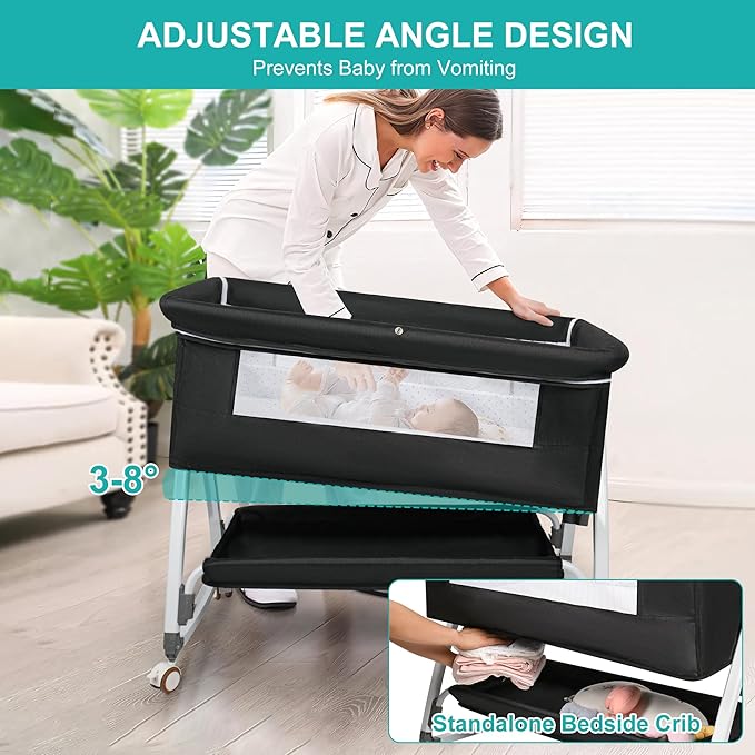 VOOI Baby Bassinet Bedside Sleeper, 3 in 1 Rocking Bassinet for Baby, Bassinet Bedside Sleeper with Wheels, Adjustable Height, Storage Basket, Mattress & Canopy, Bed Side Bassinet for Newborn