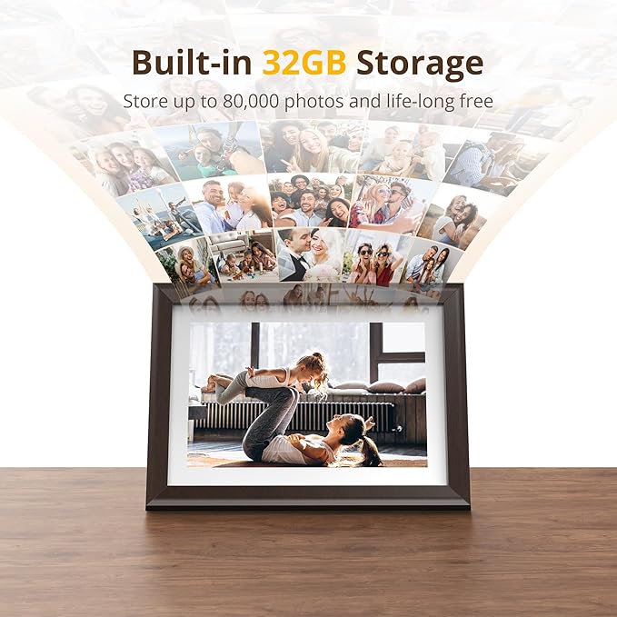 Dragon Touch Digital Picture Frame WiFi 10 inch IPS Touch Screen Digital Photo Frame Display, 32GB Storage, Auto-Rotate, Share Photos via App, Email, Cloud, Classic 10 Brown, PUUDUU