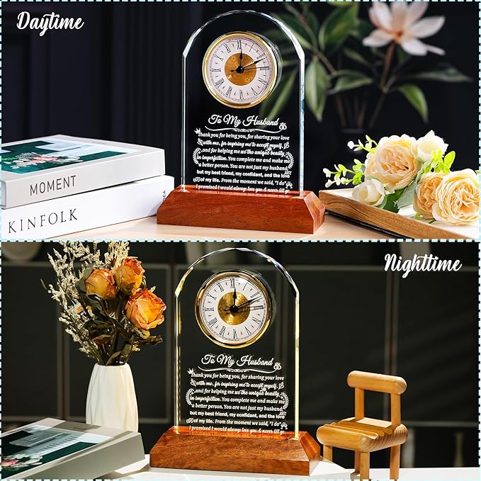 Glass Clock Gifts for Husband from Wife with Wooden Light Base, Personalized Gift for Husband Who Has Everything on Birthday Anniversary, Presents for Him on Christmas Home Desk Clock