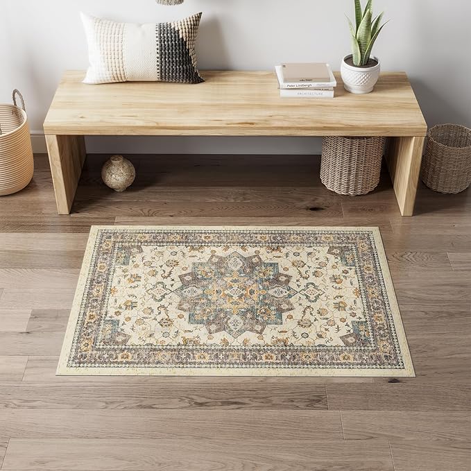Dripex Vintage Washable Area Rug - 2x4 Indoor Door Mat Oriental Medallion Accent Throw Rug Distressed Foldable Non-Slip Low-Pile Bathroom Kitchen Rug for Entryway Laundry Room Living Room Bedroom