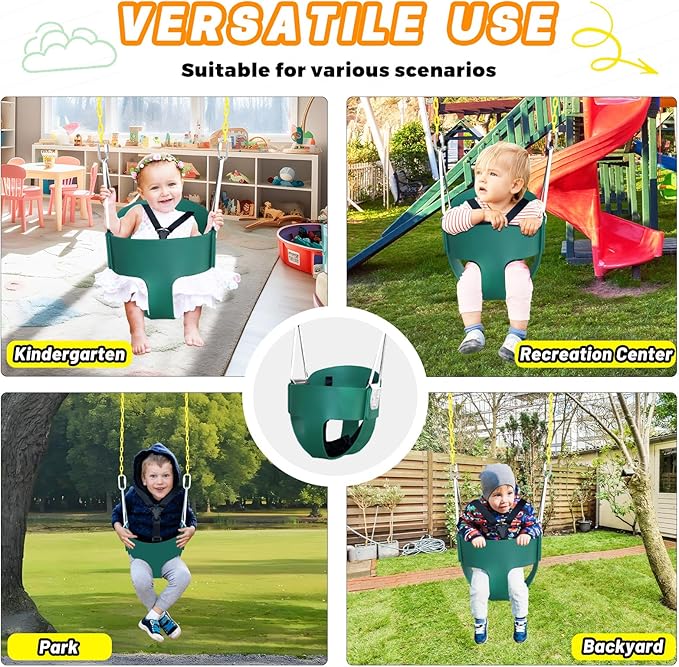 High Back Full Bucket Toddler Swing Seat with 3- Point Adjustable Safety Harness, 66 inch Detachable Chain,Suitable for Babies Aged 6-24 Months,Baby Swing for Swingset (Green)
