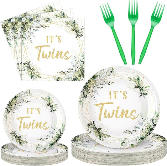 Zhehao 96 Pcs Twins Baby Shower Decorations Supplies Twins Cuties Baby Shower Tableware Set Eucalyptus Leaf Orange Strawberry Themed Plates Napkins Forks for 24 Guests(Eucalyptus Leaf)
