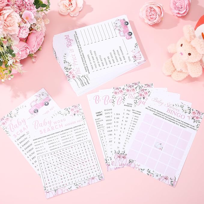 Jetec 302 Pcs Pink Pumpkin Theme Baby Shower Games, 6 Games, 50 Sheets Each, Shower Party Bingo, Word Scramble, Baby Word Search, Predictions and Advice, the Price Is Right, Guess Who
