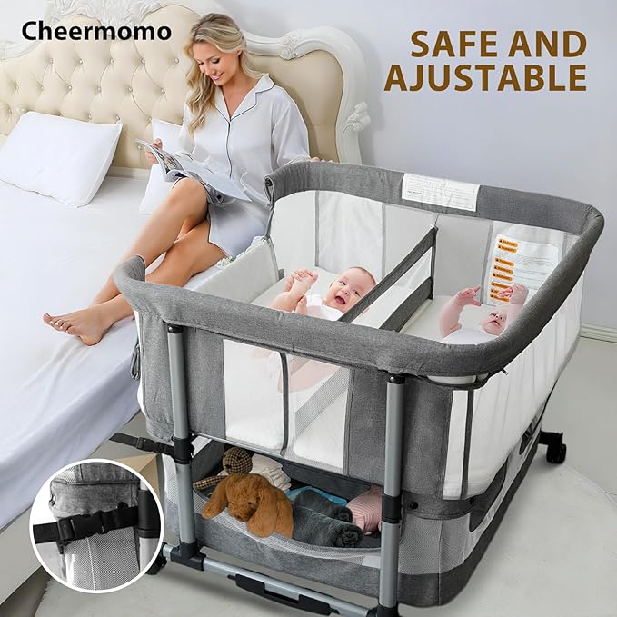Twin Bassinet for 2 Babies, Double Bassinet for Twins, Rocking Bassinet with Wheels and Storage Basket, Full-Mesh Sides, 5-Height Adjustable, Portable and Stable Baby Crib (Standard Grey)
